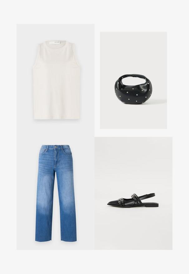 Hvid ærmeløs top lavet af blødt, glat stof. Har en rund halsudskæring og et enkelt design uden udsmykning eller mønstre.; Lyseblå denimjeans med vid benåbning, der har fem lommestile, lynlås i gylpen og diskret falmning på lårene. Rene kantfinish.; Even&Odd by Zalando Slingback-ballerinasko - black; Sort læderhåndtaske med en rundet form, dekoreret med sølvnitter, og et kort håndtag. Glat tekstur og lynlåslukning.