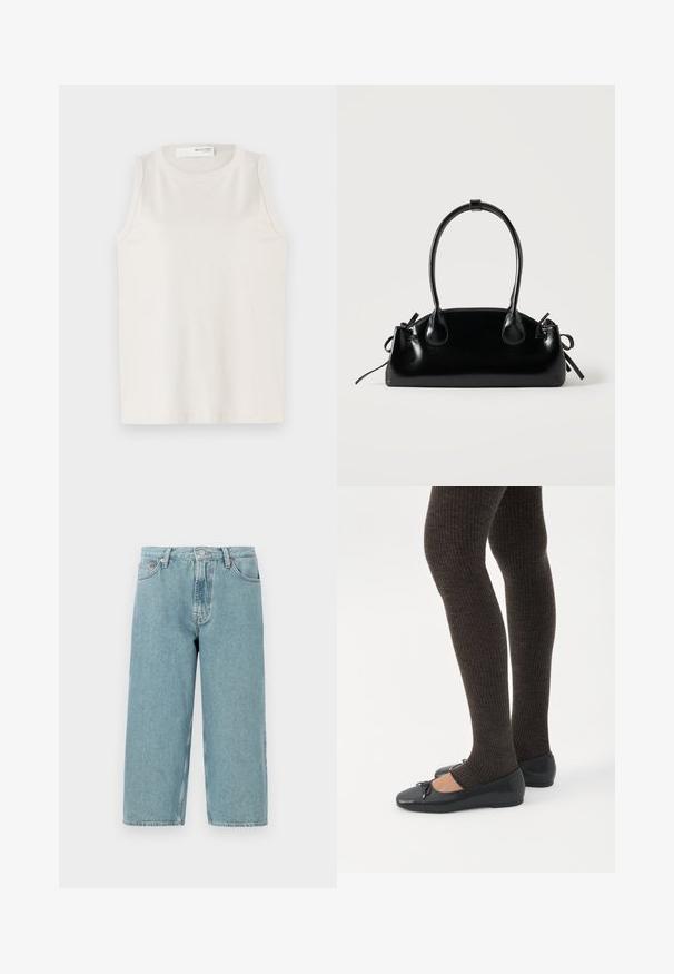 Top blanco sin mangas hecho de tela suave y lisa. Presenta un escote redondo y un diseño sencillo sin adornos ni patrones.; Pantalones cortos de mezclilla azul claro con cintura alta, corte recto y dobladillo sin acabar. Cuenta con un cierre clásico de botón y cremallera, y cuatro bolsillos.; Piernas con leggings oscuros acanalados combinados con bailarinas negras que presentan pequeños detalles de lazo sobre un fondo blanco.; Pequeño bolso negro brillante con dos asas largas y detalles de cordón lateral sobre un fondo claro liso.