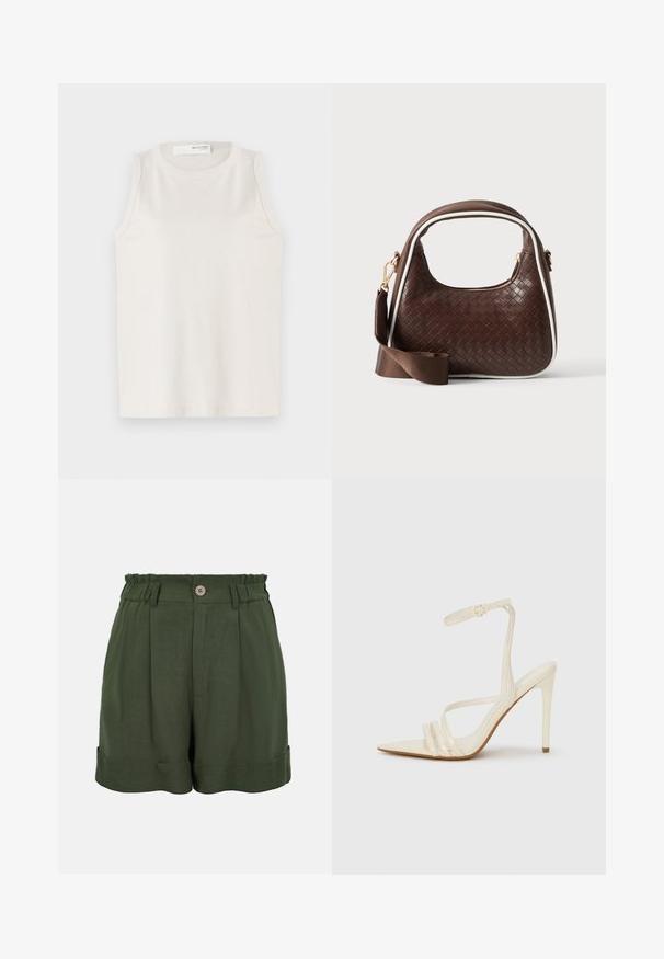 Haut sans manches blanc en tissu doux et lisse. Il présente un col rond et un design simple sans embellissements ni motifs.; Short taille haute vert foncé avec un seul bouton, des passants de ceinture, des plis et des revers.; Sandales à talons hauts beiges avec un bout pointu, comportant trois brides à l'avant et une fine bride à la cheville avec une boucle. Texture lisse, design minimaliste.; Sac à main en cuir tressé marron avec passepoil blanc, fermeture éclair dorée et bandoulière amovible en tissu marron.
