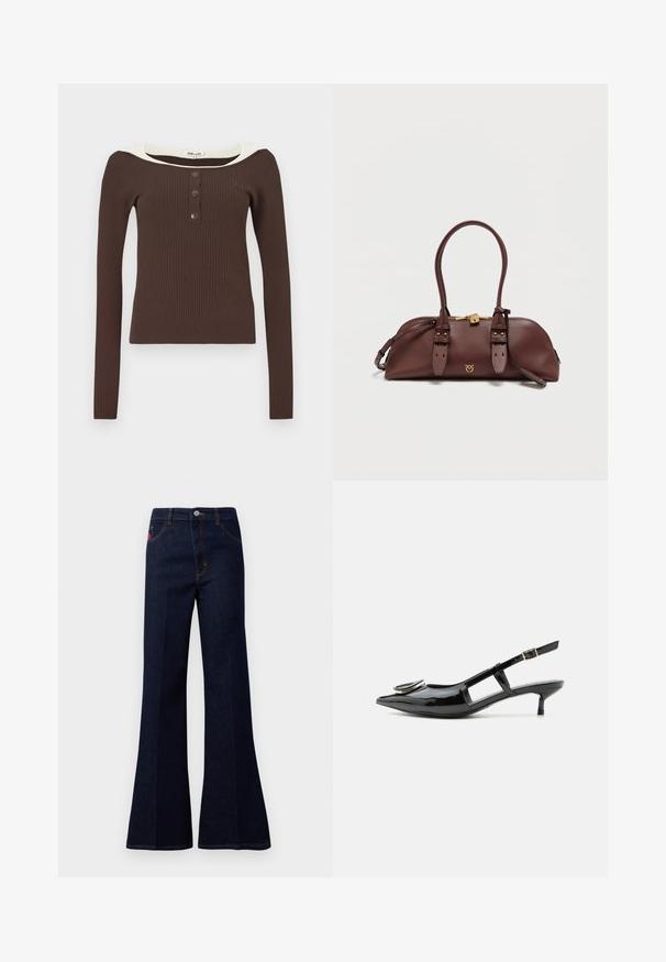 Brun ribbet langærmet top med en bred, off-white halsudskæring og tre sorte knapper foran. Har en tætsiddende pasform og blød tekstur.; Mørkeblå højtaljede flagrende jeans med frontknap, lynlås, sidelommer og baglommer samt kontrastsyning.; Sort laklæder slingback-sko med kitten-hæl, spids tå, udskårne sider, spænde rem og cirkulært metal detalje på tåen.; Brun læderhåndtaske med to korte håndtag, guldfarvet hardware og syninger som dekoration. Har en lynlåslukning og et dekorativt logo foran.