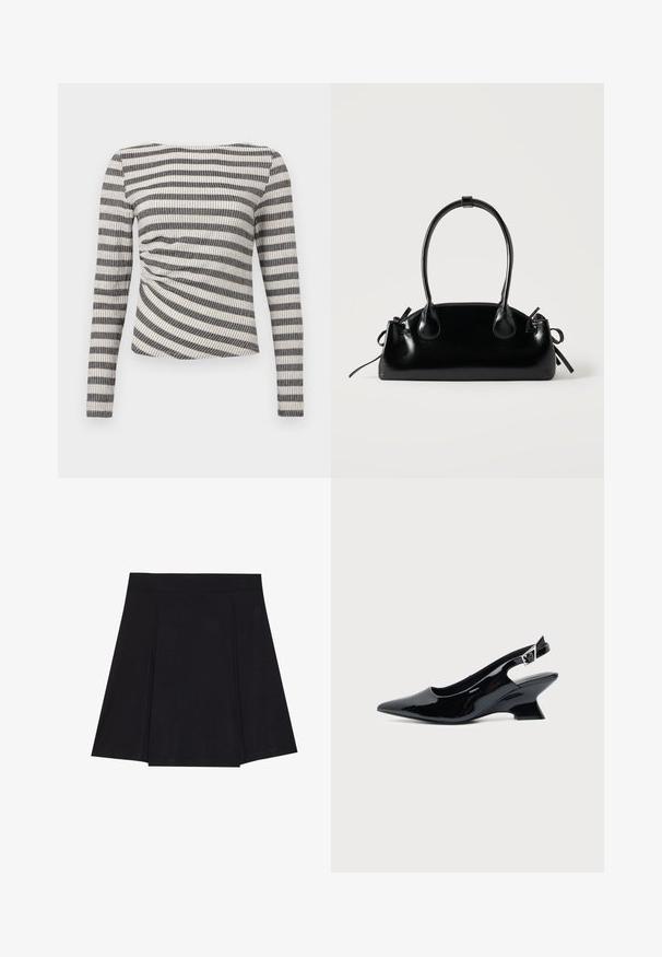 T-shirt à manches longues avec un motif rayé horizontal noir et blanc, en tissu texturé et avec un détail froncé sur le côté.; Jupe patineuse noire en tissu doux, avec une taille ajustée, des plis à l'avant et un ourlet évasé arrivant au genou.; Chaussure slingback en cuir verni noir avec bout pointu et petit talon bloc incliné sur fond clair uni.; Petit sac à main noir brillant avec deux longues anses et des détails à cordon sur les côtés sur un fond clair uni.