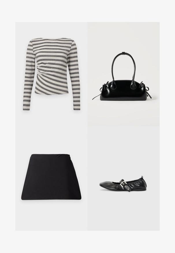 T-shirt à manches longues avec un motif rayé horizontal noir et blanc, en tissu texturé et avec un détail froncé sur le côté.; Tissu noir en forme de trapèze, avec une texture lisse, un design sans couture et sans matériel visible. Forme simpliste adaptée à de multiples utilisations.; Chaussure plate en cuir noir avec un nez pointu, des détails froncés autour de l'ouverture et un accent en boucle argentée sur la bride ajustable.; Petit sac à main noir brillant avec deux longues anses et des détails à cordon sur les côtés sur un fond clair uni.