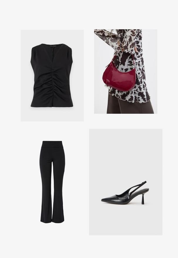 Zwarte mouwloze top met V-hals en geplooid voorpand, gemaakt van gladde stof, met het label Anna Field.; Zwarte high-waist stretchbroek met iets uitlopende pijp en een glad, naadloos ontwerp tegen een witte achtergrond.; Zwarte leren slingback hoge hak schoenen met puntige neus en slanke hak op een witte achtergrond.; Vrouw met een zwart-wit gebloemde blouse houdt een glanzende rode schoudertas vast tegen een effen achtergrond.