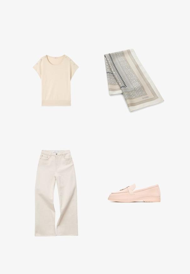 Beige strikket top med korte ærmer, bred rund halsudskæring og dekorative knapper langs skuldrene.; Off-white vidde bukser med høj talje, forfra med knapper og lynlås, bæltestropper og fem-lomme design.; Beige ruskinds loafers med en rund tå, der har et lille dekorativt bånd og en flad gummisål. Glat overflade med minimal syning.; Beige og cremefarvet silkeskærf foldet, med geometriske og mosaikmønstre med tynde sorte linjer og "BOSS"-logo i hjørnet.