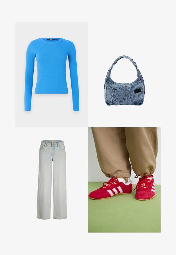 Felblauwe, nauwsluitende, geribbelde, gebreide longsleeve top met ronde hals op een effen lichte achtergrond.; Lichtblauwe jeans met hoge taille en wijd uitlopende pijpen, voorzien van een knoop- en ritsluiting aan de voorkant, riemlussen en een ontwerp met vijf zakken.; Rode suède sportschoenen met witte strepen, vlakke rubberen zool en rode veters. Draag met beige broeken, gepositioneerd op een groene ondergrond.; Denim schoudertas met een geplooide band, voorzien van nepzakken, knopen en een gestructureerd oppervlak, die lijkt op een spijkerbroek in blauwe tinten.