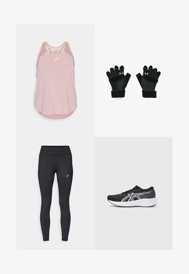 Lichtroze sporttanktop met mesh accenten, voorzien van een afgeronde zoom en een klein wit logo aan de voorkant. Lichtgewicht stof.; ASICS CORE WINTER - Winterlegging - performance black; Zwarte sportieve schoenen met een gestructureerde mesh bovenkant, witte accenten en een gewatteerde witte zool. Heeft een logo aan de zijkant en veters.; Zwarte traininghandschoenen met een open vingerontwerp, versterkte stiksels, een gevoerde palm en verstelbare polsbanden. Voorzien van een zilveren logo-accent.