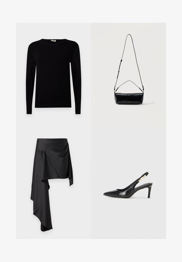 Sort langærmet crewneck sweater lavet af ribbet stof. Har tætsiddende ærmer og en glat tekstur. Enkel, minimalistisk design.; Sort omslagskørt lavet af glat, letvægtsstof. Har en asymmetrisk kant og sammensat detaljering i taljen for en flydende silhuet.; Sort læder slingback højhælede sko med spidse tæer, glat overflade og en smal ankelrem med guldfarvede hardware detaljer.; Sort rektangulær læder crossbody-taske med justerbar skulderrem, top lynlås og lille gyldent Calvin Klein-logo foran.