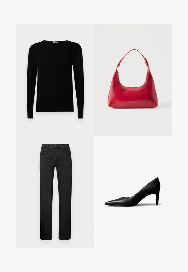 Sort langærmet crewneck sweater lavet af ribbet stof. Har tætsiddende ærmer og en glat tekstur. Enkel, minimalistisk design.; Sorte straight-leg jeans lavet af denim, med et klassisk fem-lomme design, knaplukning og bæltestropper. Glat tekstur.; Sort damesko i læder med spids snude og mellemhøj hæl, vist fra siden på en hvid baggrund.; Rød læder skuldertaske med guld lynlås og justerbar rem, Calvin Klein-logo centreret foran.