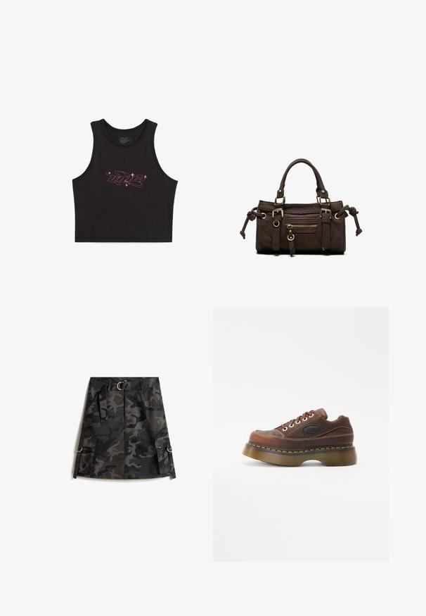 Sort croppet tanktop lavet af bomuld med et pink grafisk logo med stjerne-accenter foran. Glat tekstur, ærmeløs design.; Kamuflage nederdel i mørkegrå og sort, med en frontlynlås, bælte med sølvspænde og to cargo-lommer med ringe.; Brune læder platform sneakers med en tekstureret overdel, hvid syning, snørebåndslukning og gul akcent på sålens kant.; Mørkebrun læderhåndtaske med dobbelte håndtag, forreste lynlåslomme, dekorative spænder og sideknuder på hvid baggrund.