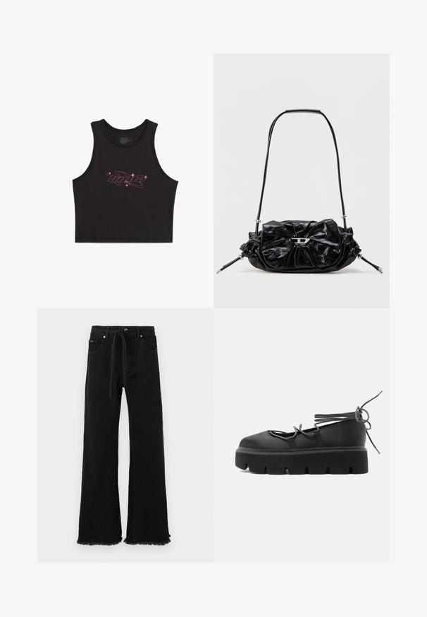 Sort croppet tanktop lavet af bomuld med et pink grafisk logo med stjerne-accenter foran. Glat tekstur, ærmeløs design.; Sorte denim bukser med vid benvidde, høj talje, snøre, frynset kant og fem lommer. Fremstillet af slidstærkt, struktureret materiale.; Sort chunky plateau sko med snørestropper og en tyk rillede sål, vist fra siden på en ensfarvet baggrund.; Sort læderhåndtaske med et opsamlet design og sløjfedetalje foran. Har en kort hank og sølvfarvede hardware-accenter.