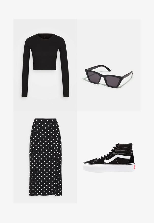 Monki Camisola de manga comprida - black dark; Saia preta com bolinhas brancas, feita de um tecido macio. Apresenta um corte reto e uma fenda na parte inferior para maior liberdade de movimento.; Tênis altos pretos com cadarços brancos, um logo branco e costuras brancas contrastantes. Apresenta uma sola branca grossa e um cabedal em camurça texturizada.; Óculos de sol pretos, angulares, com lentes cinzas; feitos de plástico, apresentando hastes grossas com uma superfície lisa e sem hardware visível.