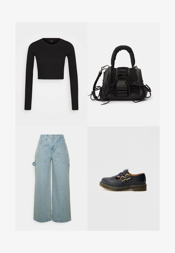 Monki Camiseta de manga larga - black dark; The Ragged Priest LOW RISE - CARPENTER RELEASE - Vaqueros boyfriend - light blue; Zapato de cuero negro con dos correas de hebilla, detalles perforados, puntera redondeada y un acento de costura amarilla alrededor de la suela.; Bolso negro con un exterior de malla, asa trenzada y cordones decorativos. Incluye una correa desmontable y acentos de hardware en contraste.