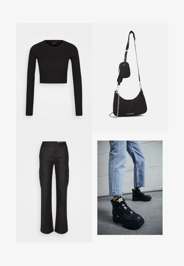 Monki Μπλούζα με μακριά μανίκια - black dark; Μαύρο cargo παντελόνι με χαλαρή εφαρμογή, διαθέτει πλαϊνές τσέπες, κλείσιμο με κουμπί και λεία υφή. Κατασκευασμένο από ανθεκτικό υλικό.; Μαύρα ψηλά αθλητικά παπούτσια με χοντρή σόλα, που διαθέτουν σχέδιο με κορδόνια, λογότυπα και κίτρινες ετικέτες. Φοριούνται με ανοιχτό μπλε cropped τζιν.; Μαύρη νάιλον τσάντα ώμου με καμπύλο σχήμα, ασημένια αλυσίδα, αποσπώμενη μίνι θήκη και ρυθμιζόμενο λουράκι; φέρει το λογότυπο "Steve Madden".