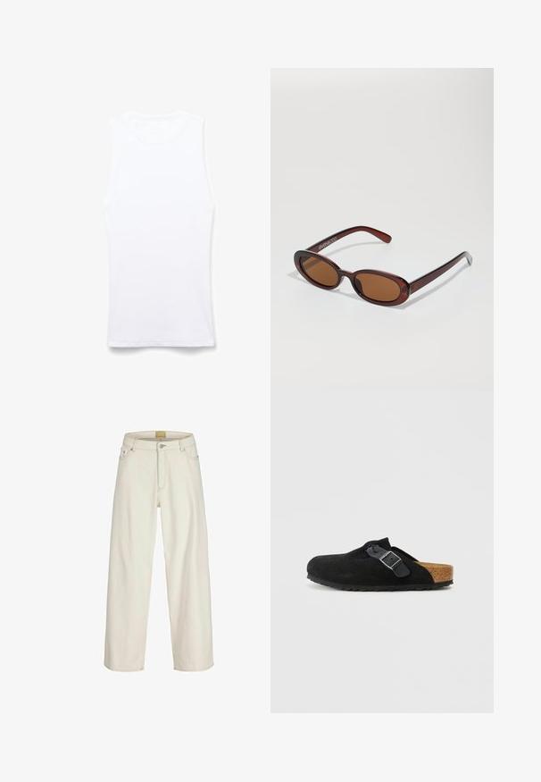 Top sin mangas blanco, hecho de tela acanalada. Presenta un escote redondo y costuras planas. Diseño sencillo, sin patrones ni adornos.; Vaqueros de tiro alto, corte recto, color crema, con botón frontal, cremallera, trabillas para cinturón y bolsillos laterales y traseros.; Zuecos de ante negro sin cordones con correa ajustable de hebilla negra y plantilla de corcho contorneada sobre un fondo blanco liso.; Gafas de sol redondas con tinte marrón y un marco burdeos brillante. Patillas delgadas con un sutil detalle de marca. Diseño de lentes planos.