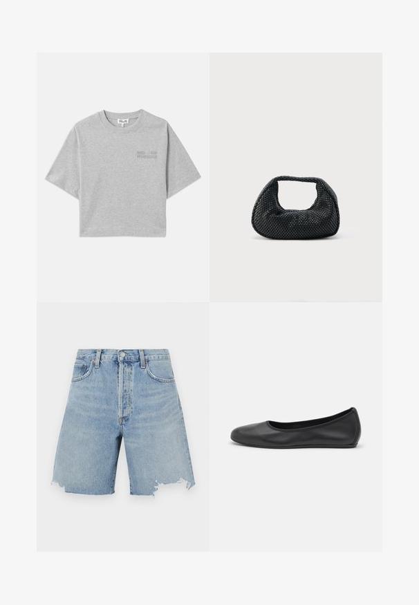 Grijze cropped t-shirt met korte mouwen, gemaakt van zachte katoen. Heeft een subtiele reliëflogo aan de voorkant en een ronde halslijn.; Lichtblauwe denim shorts met een hoge taille, voorzien van een rafelrand, twee voorzakken en een klassiek vijf-zakken ontwerp.; Zwarte leren ballerina met een ronde neus, gladde textuur, minimale stikdetails en een flexibele zoolontwerp.; Zwarte geweven hobo-tas met een zachte structuur en geïntegreerd handvat, weergegeven op een effen lichte achtergrond.
