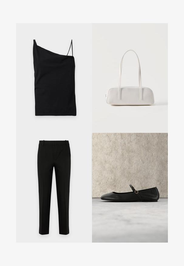 Haut camisole asymétrique noir avec une bretelle large et une fine, en tissu lisse, posé à plat sur un fond blanc.; Pantalons noirs à coupe slim, avec un devant plat, des poches latérales et une texture lisse. Conçus avec une taille mi-haute et des jambes fuselées.; Ballerine en cuir noir avec bout arrondi, dotée d'une fine lanière et d'une boucle circulaire dorée. Texture lisse et design minimaliste.; Sac d'épaule rectangulaire blanc avec des bretelles longues et fines, couture minimale, et fermeture éclair sur un fond uni.