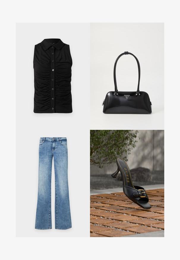 Ærmeløs sort top med knapper, krave og rynket stofdetalje langs frontens midterpanel.; Lyseblå flagrende jeans lavet af denim. Har en knaplukning, fem lommer og afslidt detaljer for et brugt udseende.; Sort højhælet mule med guldlås og "GUESS"-logo indeni, placeret på tekstureret udendørs flisebelægning med sløret grønt baggrund.; Sort glanshandtaske med en buet silhuet, to håndtag og en frontlogo-plakette. Lynlås lukning og skinnende hardware-detaljer.