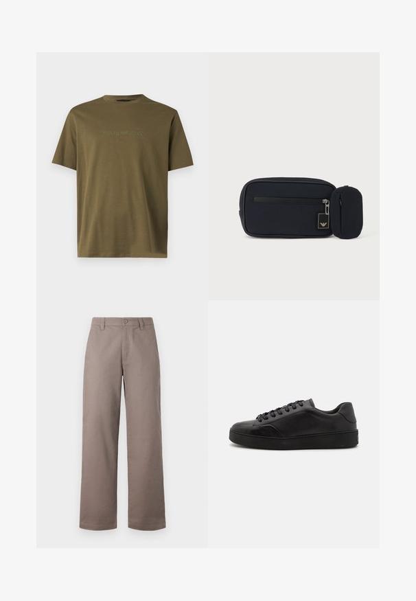 Õlivroheline lühikeste varrukatega t-särk ümmarguse kaelusega ja tagasihoidlikult tikitud Emporio Armani logo rinnal keskel.; Heled pruunid, laiad püksid sileda viimistlusega; esiküljel nupuga sulgemine ja küljetaskud. Valmistatud kergetest kangast.; Mustad nahast tossud ümarate varvastega, lapiku tallaga ja traditsioonilise seotud stringiga. Omavad siledat tekstuuri ja peeneid külgpaneeli detaile.; Must ristkülikukujuline kotike esiküljel lukuga ja väike lisatud ümar kotike, ühevärvilise heleda tausta taustal.