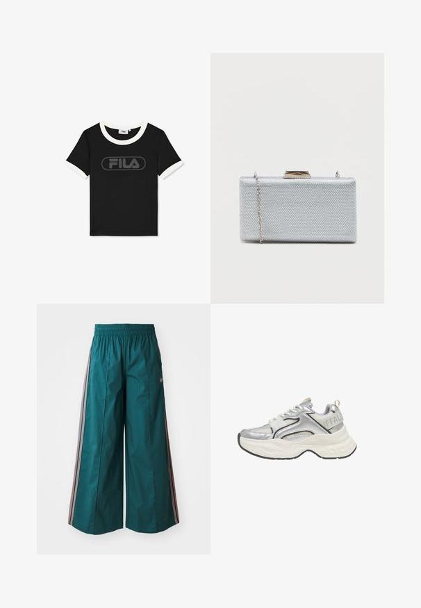 Sort T-shirt med korte ærmer med hvid kant på krave og ærmer, med sort FILA-logo centreret på brystet.; Teal brede bukser med elastisk talje, prydet med stribede detaljer i pink og hvid på siderne, lavet af letvægtsstof.; Sølv og hvid chunky sneaker med mesh- og læderdetaljer, tyk hvid sål og "BUFFALO" branding på hælkappen.; Rektangulær sølvclutch lavet af struktureret metallisk stof, med en klipslukning og et aftageligt kædetræk til at bære.