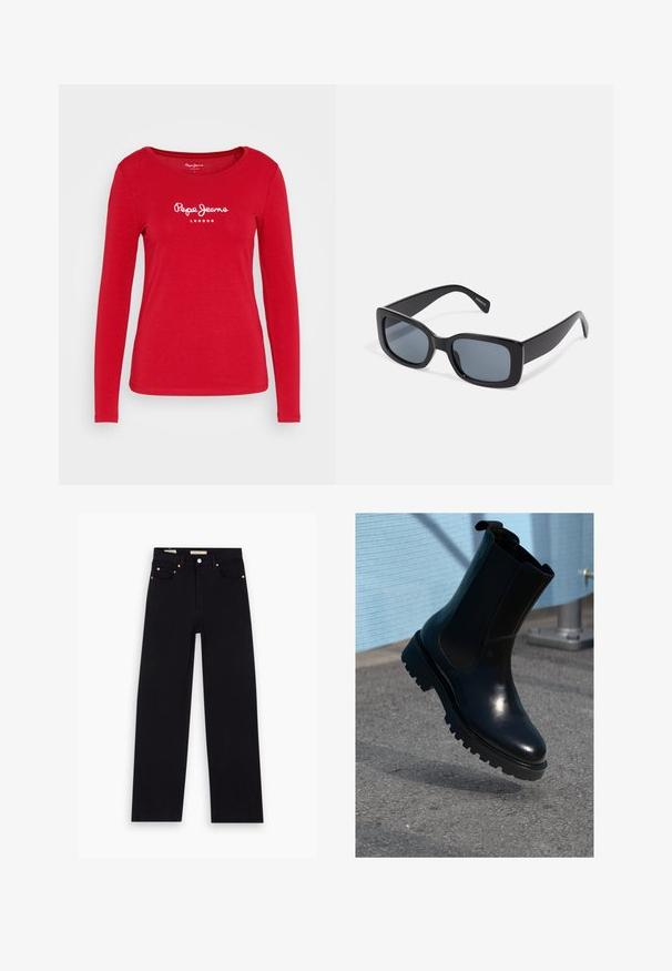 Rotes Langarm-T-Shirt aus Baumwolle; mit rundem Halsausschnitt und einem weißen "Pepe Jeans London"-Logo auf der Vorderseite. Einfaches, körpernahes Design.; Schwarze Denim-Jeans mit geradem Schnitt, fünf Taschen, Kupferbeschlägen und einer glatten Textur. Zwei Etiketten sind am Bund sichtbar.; Schwarzer Leder-Stiefelette mit elastischen Seitenteilen, rundlicher Spitze und einer dicken, strukturierten Sohle. Glatte Oberfläche mit minimalistischem Design.; Schwarze rechteckige Sonnenbrille mit dunkel getönten Gläsern, dickem Kunstrahmen und breiten Bügeln. Glatte Oberfläche und kantiges Design.