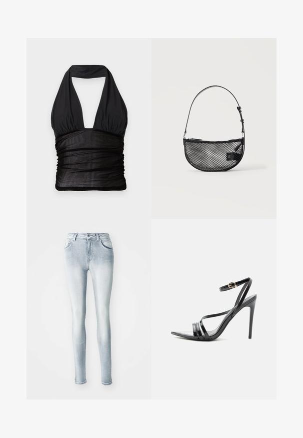 Čierny halter top s hlbokým výstrihom do V, zhrnutou textúrou v oblasti pása a hladkým materiálom. Obsahuje halter ramenný popruh a žiadne viditeľné zapínania.; Svetlo modré slim džínsy vyrobené z denimu, s vysokým pásom, piatimi vreckami a miernym zosvetlením pozdĺž stehien. Opravený detail na leme.; Čierna vysoká sandála s tenkými remienkami cez prsty a členok, so zlatou prackou na štíhlom ihličkovom opätku.; Čierna sieťovaná polmesiacová taška s krátkym nastaviteľným koženým remienkom a zipsom na jednoduchom svetlom pozadí.
