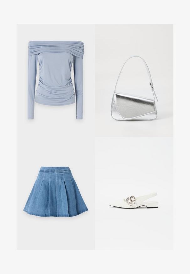Lichtblauw off-shoulder top van een gladde stof, met geplooide details rond de halslijn en taille, en lange mouwen.; Denim plissé rok in lichtblauw met een aansluitende tailleband, uitlopend aan de zoom, met subtiele stikdetails en een zachte textuur.; Witte leren slingback schoen met een spitse neus, zilveren gesp-accenten en een lage blokhak. Gladde textuur met minimale details.; Zilveren metalen handtas met een driehoekige vorm, gladde textuur en een dunne, verstelbare schouderriem. Kenmerkt zich door een omklapbaar ontwerp met stiksels.