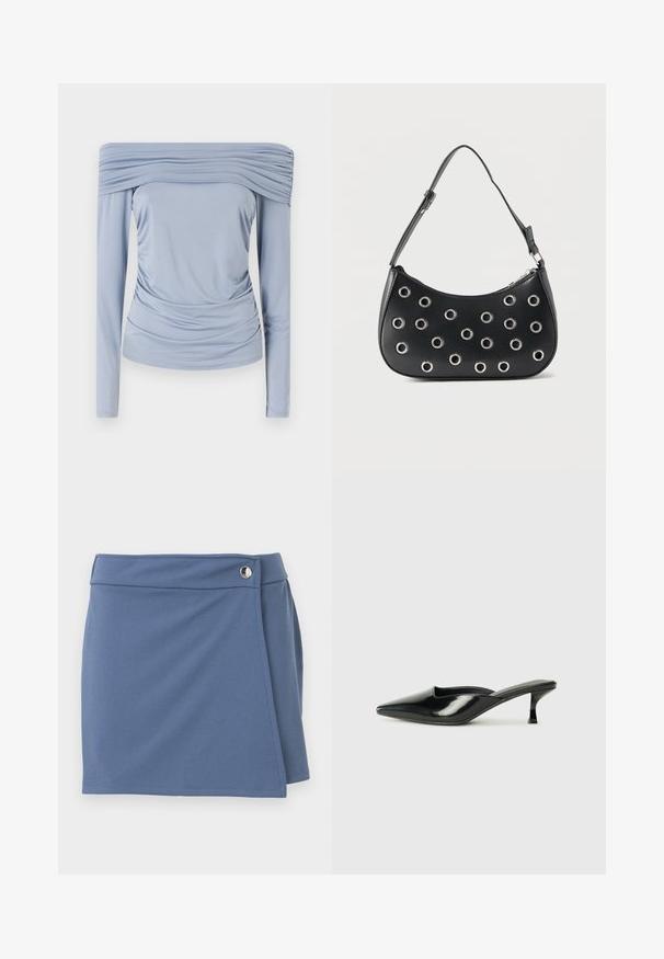 Lyseblå off-shoulder top lavet af glat stof, med samlet detaljering omkring halsen og taljen, samt lange ærmer.; Blå slå-om-nederdel med høj talje og sølvknaplukning på højre side, vist mod en hvid baggrund.; Sorte patenterede lædermules med spids tå, lav kittenheel og buede sider, der har en glansfuld finish og minimalistisk design.; Sort læder skuldertaske med justerbar rem, dekoreret med sølvfarvede metalnitter og lukning med øverste lynlås.