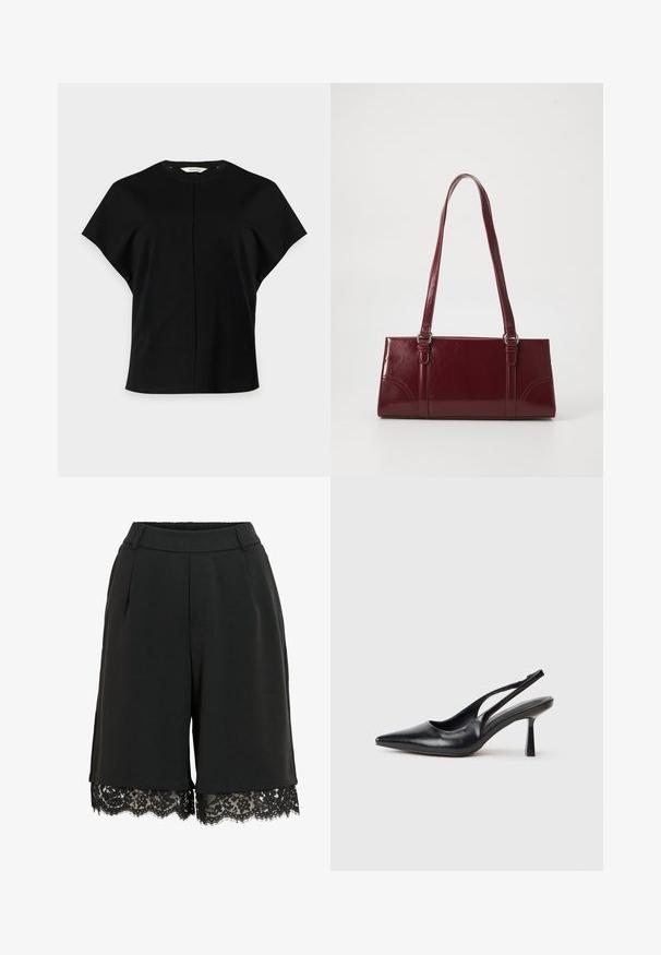Haut noir manches courtes pour femme avec encolure ronde et détail de couture verticale centrale, présenté sur un fond blanc uni.; Short noir taille haute avec plis sur le devant et bordure en dentelle à l’ourlet, doté de passants pour ceinture et d’une taille élastiquée à l’arrière.; Chaussure à talon haut en cuir noir, à bride arrière, avec un bout pointu et un talon fin sur fond blanc.; Sac à main bordeaux en matériau brillant, de forme rectangulaire, avec deux anses et des accents légèrement courbés à l'avant.
