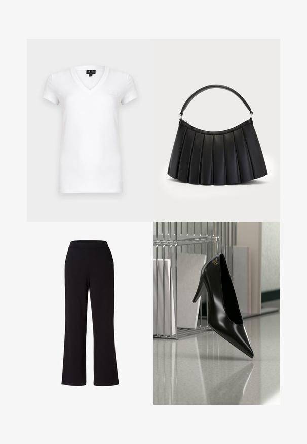 Camiseta blanca de algodón con cuello en V y mangas cortas, que presenta un pequeño detalle de logo en el pecho izquierdo. Textura de tela suave.; Pantalones negros de pierna ancha hechos de una tela suave y elástica. Cuentan con una cinturilla elástica para mayor comodidad. Diseño simple, sin patrones ni adornos.; Zapato de tacón alto negro con punta afilada y logo dorado, colocado sobre una superficie reflectante cerca de un organizador de archivos de alambre cromado con documentos.; Bolso negro plisado hecho de cuero sintético, con un asa curva y cierre superior con cremallera. Textura suave con un diseño estructurado.