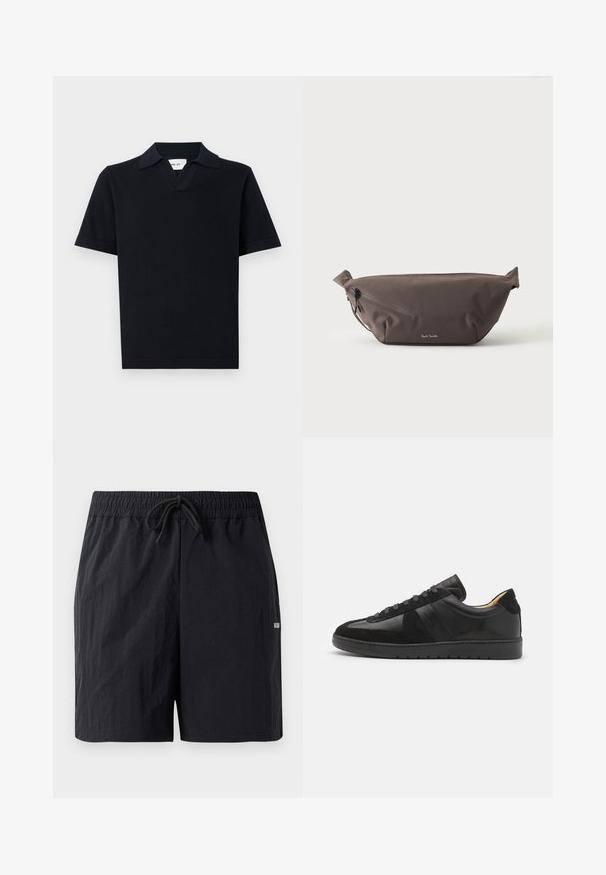 Schwarzes Polo-Shirt mit kurzen Ärmeln aus glattem Stoff, ausgestattet mit einem klassischen Kragen und einem dezenten V-Ausschnitt sowie einem geraden Saum.; Schwarze Schwimmshorts aus strukturiertem Stoff, mit einem elastischen Bund und Kordelzug sowie einem kleinen Logo an der Seite.; Tiger of Sweden BELLICU - Sneaker low - black; Dunkelbraune Stoff-Gürteltasche mit diagonalem Reißverschlussfach und kleinem weißen Logo vorne, vor einem einfarbigen hellen Hintergrund.