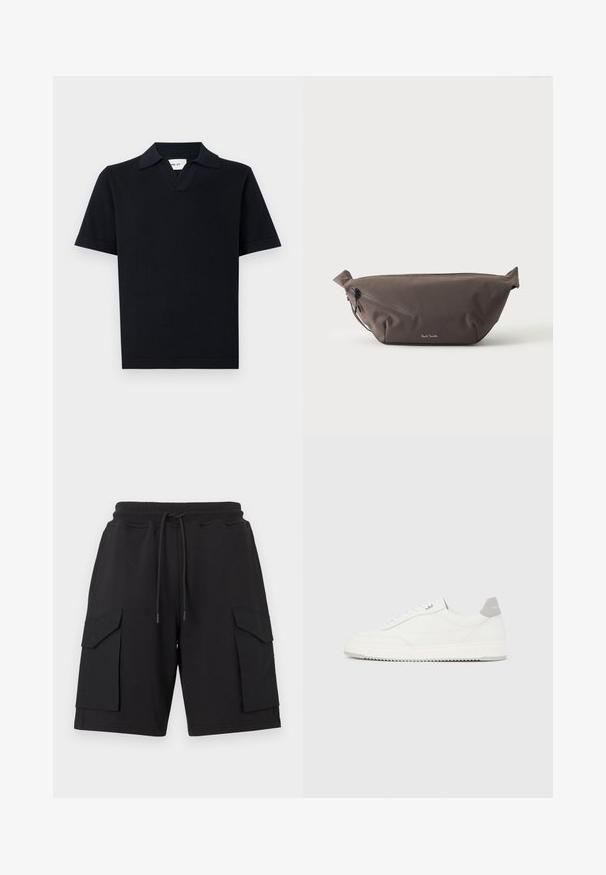 Polo shirt noir à manches courtes en tissu lisse, doté d'un col classique et d'un design subtil en V avec un ourlet droit.; Shorts cargo noirs en tissu doux avec une taille élastique et un cordon de serrage. Comprennent deux grandes poches latérales et des ourlets cousus.; Baskets basses blanches avec un onglet de talon gris, des lacets blancs et une semelle texturée, présentées sur un fond uni clair.; Sac banane en tissu marron foncé avec poche zippée en diagonale et petit logo blanc sur le devant, sur un fond clair uni.