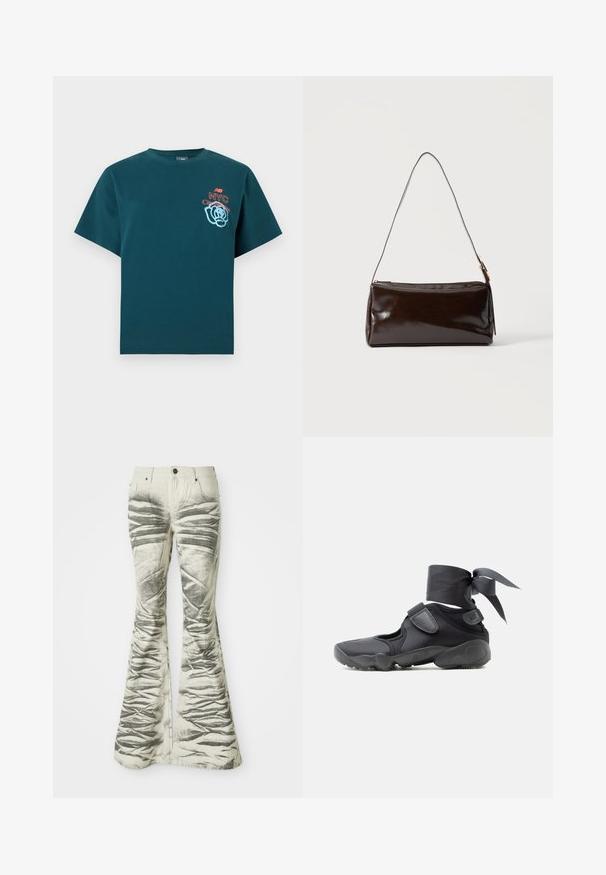 Mørkegrønblå T-shirt med korte ærmer med teksten "NYC City park tour" og blåt blomsterprint på venstre bryst.; Lysfarvede flared jeans med teksturerede sorte vandrette striber og krøllede detaljer, der har forlommer og metalknaplukning.; Sort atletiksko med udskæringer, velcrolukninger og ankelrem bundet i en sløjfe, vist fra siden på en hvid baggrund.; Mørkebrun rektangulær læder skuldertaske med en enkelt tynd rem og spænde i guldton på en ensfarvet baggrund.