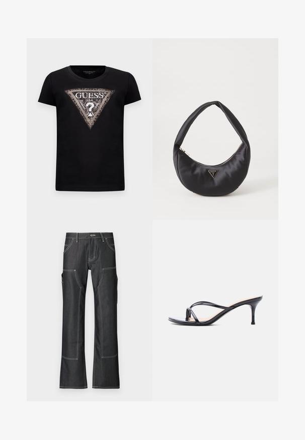 T-shirt noir à manches courtes avec un grand logo en paillettes en forme de triangle arborant "GUESS U.S.A." et un point d'interrogation central.; Pantalons cargo en denim sombre avec des coutures contrastées blanches, comportant plusieurs poches et un design à jambes évasées. Tissu durable et fermeture à bouton en métal.; Sandale à talon en cuir verni noir avec fines lanières croisées et talon aiguille moyen et élancé sur fond blanc.; Sac à main en satin noir avec une forme courbée, doté d'une fermeture à glissière et d'un logo triangulaire en métal à l'avant. Texture lisse et design épuré.