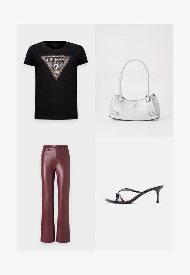 T-shirt noir à manches courtes avec un grand logo en paillettes en forme de triangle arborant "GUESS U.S.A." et un point d'interrogation central.; Pantalons waxés bordeaux taille haute en cuir synthétique avec bouton avant, passants de ceinture, poches avant et jambe légèrement évasée.; Sandale à talon en cuir verni noir avec fines lanières croisées et talon aiguille moyen et élancé sur fond blanc.; Sac à main argenté avec un design structuré, doté de deux poignées, d'une texture brillante, de quincaillerie accentuée et d'un logo triangulaire sur le devant.