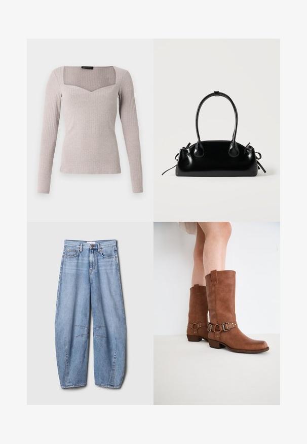 Langærmet top i lysegråt ribbet stof med firkantet halsudskæring med V-formet front, figursyet pasform og glat tekstur.; Lyseblå denimjeans med løs pasform, med kontrastsyninger, skrå udskæringer nær knæene og fem lommer.; Brune læderankelstøvler med en let spids tå, dekorative spænder og en lav stablet hæl. Glat tekstur med en mat finish.; Lille sort blank håndtaske med to lange håndtag og snøre-detaljer i siden på en ensfarvet lys baggrund.