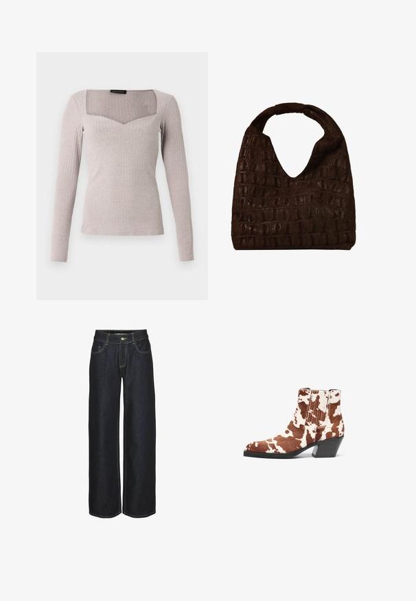 Top met lange mouwen in lichtgrijze ribstof, met een vierkante halslijn met een V-vormige voorkant, aangesloten model en gladde textuur.; Donkerblauwe rechte jeans met voorzakken, riemlussen en gele contrasterende stiksels, weergegeven op een witte achtergrond.; Cowboy enkelboot in bruin en wit nepbont, met een spitse neus en een gemiddelde blokhak. Voorzien van zij-elastische panelen voor gemakkelijk aan- en uittrekken.; Donkerbruine leren hobo-tas met geperst krokodillenpatroon en brede, afgeronde handgreep, eenvoudig en zacht vallend ontwerp.