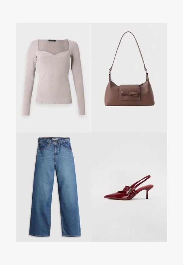Langærmet top i lysegråt ribbet stof med firkantet halsudskæring med V-formet front, figursyet pasform og glat tekstur.; Blå denim brede jeans med høj talje, der har fem lommer, kontrastsyning og lynlås.; Røde patenteret læder slingback hæle med spids tå, to spændebånd og en slank, mellemhøj stiletto hæl. Glat tekstur.; Brun skuldertaske i læder med en frontlomme med klap, der har en sydd sløjfedetalje, og en justerbar rem.