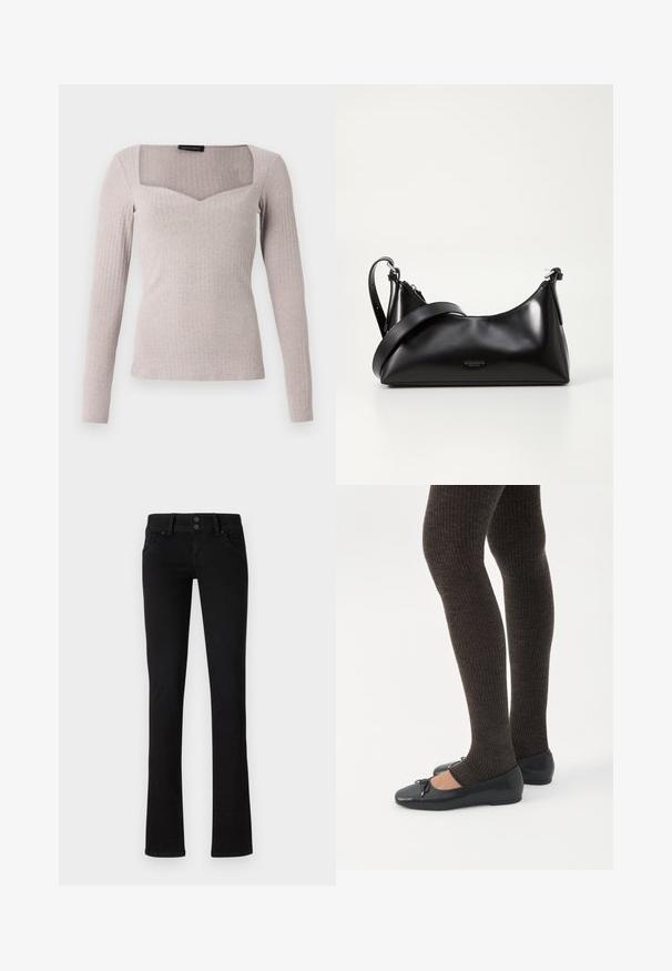 Top met lange mouwen in lichtgrijze ribstof, met een vierkante halslijn met een V-vormige voorkant, aangesloten model en gladde textuur.; Zwarte slim-fit jeans met twee voorzakken, riemlussen en dubbele knoopsluiting, weergegeven op een effen witte achtergrond.; Benen met donkere geribbelde leggings gecombineerd met zwarte ballerina's met kleine strikdetails op een witte achtergrond.; Zwarte leren handtas met een gladde textuur. Beschikt over een verstelbare schouderband en een strak, minimalistisch ontwerp met een ritssluiting.