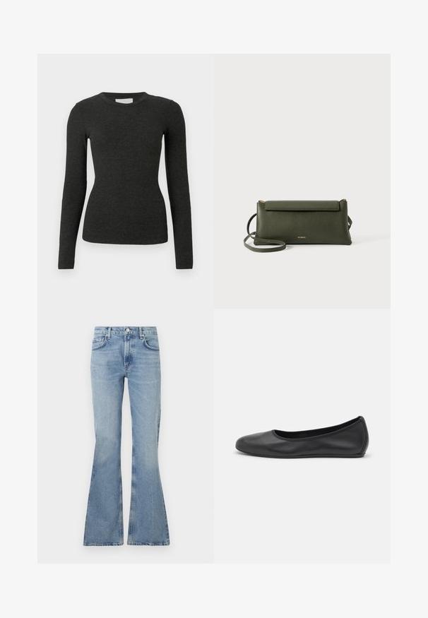 Sort langærmet top lavet af ribstrikket stof. Rund halsudskæring, tætsiddende design og glat tekstur uden mønstre eller detaljer.; Lys blå, flagrende jeans lavet af denim, med høj talje, fem-lomme-design og subtil falming i hele stoffet.; Sort læderballetsko med rund tå, glat tekstur, minimal syning og et fleksibelt såldesign.; Mørkegrøn struktureret læder crossbody taske med klaplukning og tynd justerbar rem, præget med lille guld "Bee Projects" logo.