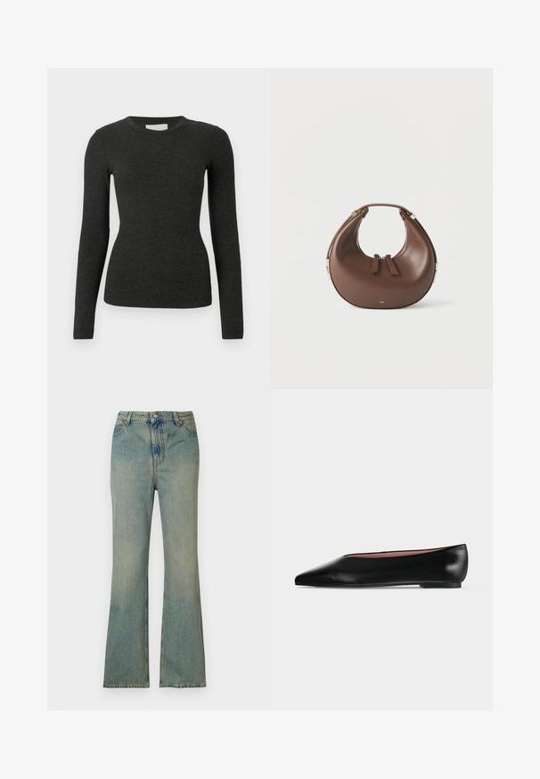 Sort langærmet top lavet af ribstrikket stof. Rund halsudskæring, tætsiddende design og glat tekstur uden mønstre eller detaljer.; Lysblå denim flare jeans med høj talje, fem lommer og lynlås. Ren, falmet finish med subtile syninger.; Sort damesko i læder med flad hæl og spids tå, vist fra siden på en ensfarvet lys grå baggrund.; Brun læderhåndtaske i halvmåneform med en øverste hank og to lynlås-dragere på en hvid baggrund.