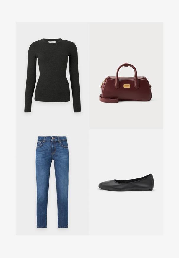 Haut noir à manches longues en tissu côtelé. Col rond, coupe ajustée et texture lisse sans motifs ni accents.; Jean en denim bleu coupe slim avec cinq poches, fermeture par bouton et zip, et détails légèrement délavés sur le devant des cuisses.; Ballerines en cuir noir avec un bout rond, texture lisse, détails de couture minimalistes et design de semelle flexible.; Sac à main en cuir rouge foncé avec deux poignées, une bandoulière détachable, une fermeture éclair dorée et une petite plaque de marque dorée sur le devant.