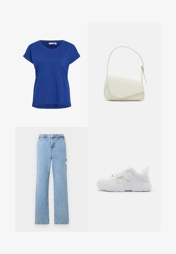 Blaues T-Shirt mit kurzen Ärmeln aus glattem Baumwollstoff. Besitzt einen runden Halsausschnitt und eine lockere Passform mit umgeschlagenen Ärmeln.; Hellblaue Jeans-Cargo-Hosen mit geradem Bein, ausgestattet mit Seitentaschen und kontrastierenden Nähten. Klassischer Fünf-Taschen-Stil.; Weiße Sneakers mit chunky Design, gefertigt aus Leder und synthetischen Materialien, mit strukturierten Details, Schnürsenkeln und einem auffälligen Logo in Gold.; Weiße Kunstleder-Handtasche mit einer strukturierten dreieckigen Form, einem verstellbaren Einzelgurt und einem Klappenverschluss mit geschwungenen Akzenten.