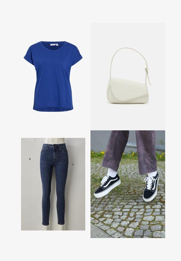 Camiseta de manga corta azul hecha de una suave tela de algodón. Presenta un cuello redondo y un corte relajado con puños enrollados.; Vaqueros pitillo de denim azul oscuro, de talle alto con una forma ajustada, que cuentan con bolsillos delanteros, cremallera y un sutil desgaste en los muslos.; Zapatillas de ante negro con detalles en blanco, que presentan una punta redondeada, suela gruesa blanca y un diseño clásico de cordones, usadas con calcetines blancos y pantalones morados.; Bolso de mano de imitación cuero blanco con una forma triangular estructurada, correa ajustable única y cierre con solapa acentuada en curva.