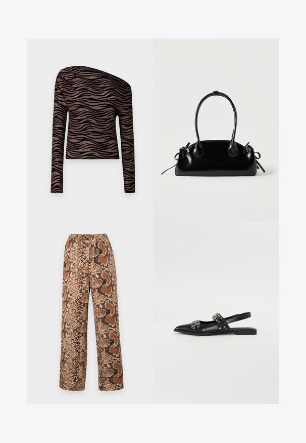 Top court à manches longues marron avec des rayures ondulées noires, présentant un décolleté asymétrique et une texture de tissu lisse et extensible.; Pantalons large avec un motif en serpent brun et noir, taille élastique et tissu texturé avec une finition lisse.; Even&Odd by Zalando Ballerines à brides arrière - black; Petit sac à main noir brillant avec deux longues anses et des détails à cordon sur les côtés sur un fond clair uni.