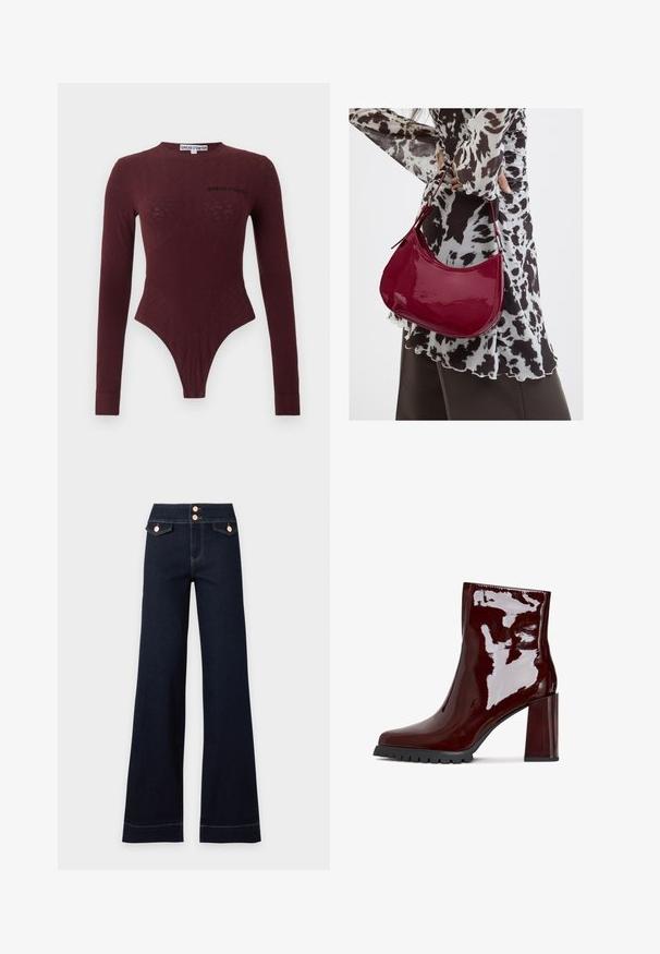 Donker bordeauxrood nauwsluitend bodysuit met lange mouwen, voorzien van een subtiel getextureerd bloemmotief en het "Sinéad O'Dwyer" logo op de borst en het kraaglabel.; Donkerblauwe, hooggetailleerde jeans met wijde pijpen, twee voorvakken met klep en twee zichtbare roségouden knopen in de tailleband.; Glanzende bordeaux enkelboot met een vierkante neus, chunky doorzichtige hak en gestructureerde zwarte zool. Vloeiend oppervlak met een hoge glansafwerking.; Vrouw met een zwart-wit gebloemde blouse houdt een glanzende rode schoudertas vast tegen een effen achtergrond.
