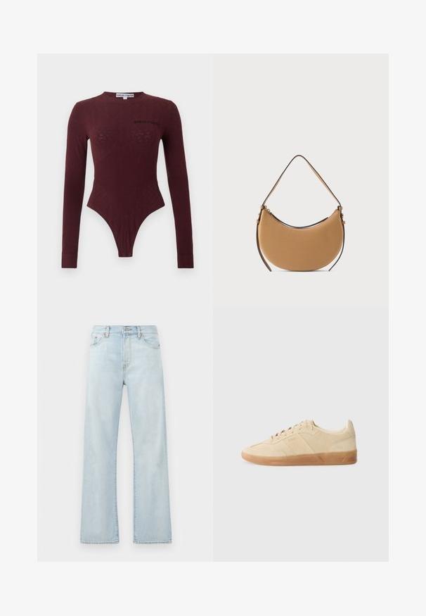 Langærmet, mørk bordeaux tætsiddende bodysuit med subtilt tekstureret blomsterprint og "Sinéad O'Dwyer" logo på brystet og kravetags.; Lyseblå denimjeans med høj talje, vidde ben-design og subtil falming. Har klassisk fem-lommes styling og tonale syninger.; Beige ruskinds sneaker med rund tå, tonet snørebåndsafslutning og en gummisål i farven gum, der har sidebranding og en glat overflade.; Halvmåneformet håndtaske i lysebrunt læder med en enkelt strop og lynlåslukning, vist mod en ensfarvet lys baggrund.