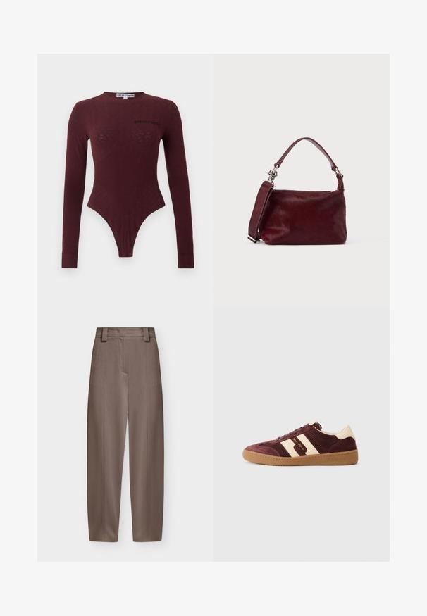 Body ajusté à manches longues, de couleur bordeaux foncé, avec un motif floral texturé subtil et le logo "Sinéad O'Dwyer" sur la poitrine et l'étiquette du col.; Pantalon marron taille haute à jambes droites avec passants pour ceinture et plis marqués nets à l'avant et à l'arrière.; Baskets en velours côtelé bordeaux avec des rayures et des accents blanc cassé, tige texturée, semelle en caoutchouc et lettrage doré pour le détail de la marque.; Petit sac à main rectangulaire bordeaux avec finition texturée, poignée courte et bandoulière amovible sur un fond clair uni.