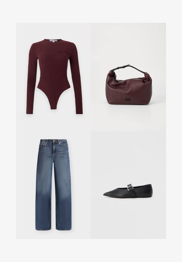 Body ajusté à manches longues, de couleur bordeaux foncé, avec un motif floral texturé subtil et le logo "Sinéad O'Dwyer" sur la poitrine et l'étiquette du col.; Jean en denim bleu à coupe droite, design cinq poches, fermeture par boutons et légère décoloration sur le haut des cuisses et les genoux.; Chaussure plate en cuir noir avec bout pointu et bride latérale à boucle. Texture lisse, design minimaliste, profil bas. Convient pour une tenue décontractée.; Sac en cuir bordeaux avec une texture douce et froissée, une sangle noire réglable et une fermeture éclair. Présente un logo discret à la base.