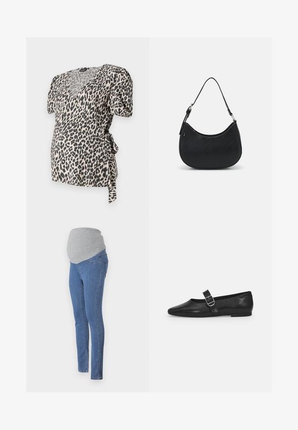 Leopardprint wikkeltop met korte pofmouwen, gemaakt van een zachte stof. Voorzien van een halslijn en strikdetail in de taille. Crème en zwarte kleuren.; Zwangerschapsjeans met een fitted ontwerp, blauwe denimstof en een zachte grijze jersey tailleband voor comfort. Inclusief achterzakken en een slim fit.; Zwarte leren platte schoen met een ronde neus, een enkele verstelbare gespsluiting en een gladde, glanzende textuur. Minimalistisch ontwerp met een lage hak.; Zwarte hobo tas van soepel leer met een gebogen silhouet, voorzien van een enkele verstelbare schouderriem en minimalistische ontwerpdetails.
