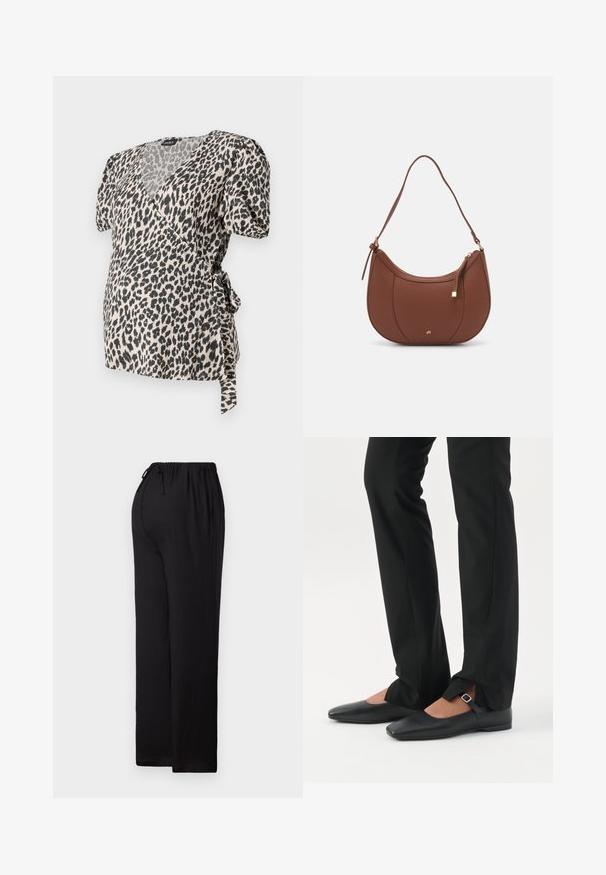 Top cruzado de estampado de leopardo con mangas cortas abullonadas, hecho de tela suave. Presenta un escote y un detalle de lazo en la cintura. Colores crema y negro.; Pantalones negros de corte relajado hechos de tejido ligero. Cuentan con una cinturilla elástica con cordón, diseño de pierna recta y dobladillo plano.; Piernas con pantalones ajustados negros con aberturas frontales en el dobladillo, combinados con zapatos planos Mary Jane negros con una pequeña correa con hebilla.; Bolso de hombro de imitación cuero marrón con forma curva, costura mínima y un acento de hardware en tono dorado. Presenta un cierre de cremallera en la parte superior y una correa ajustable.